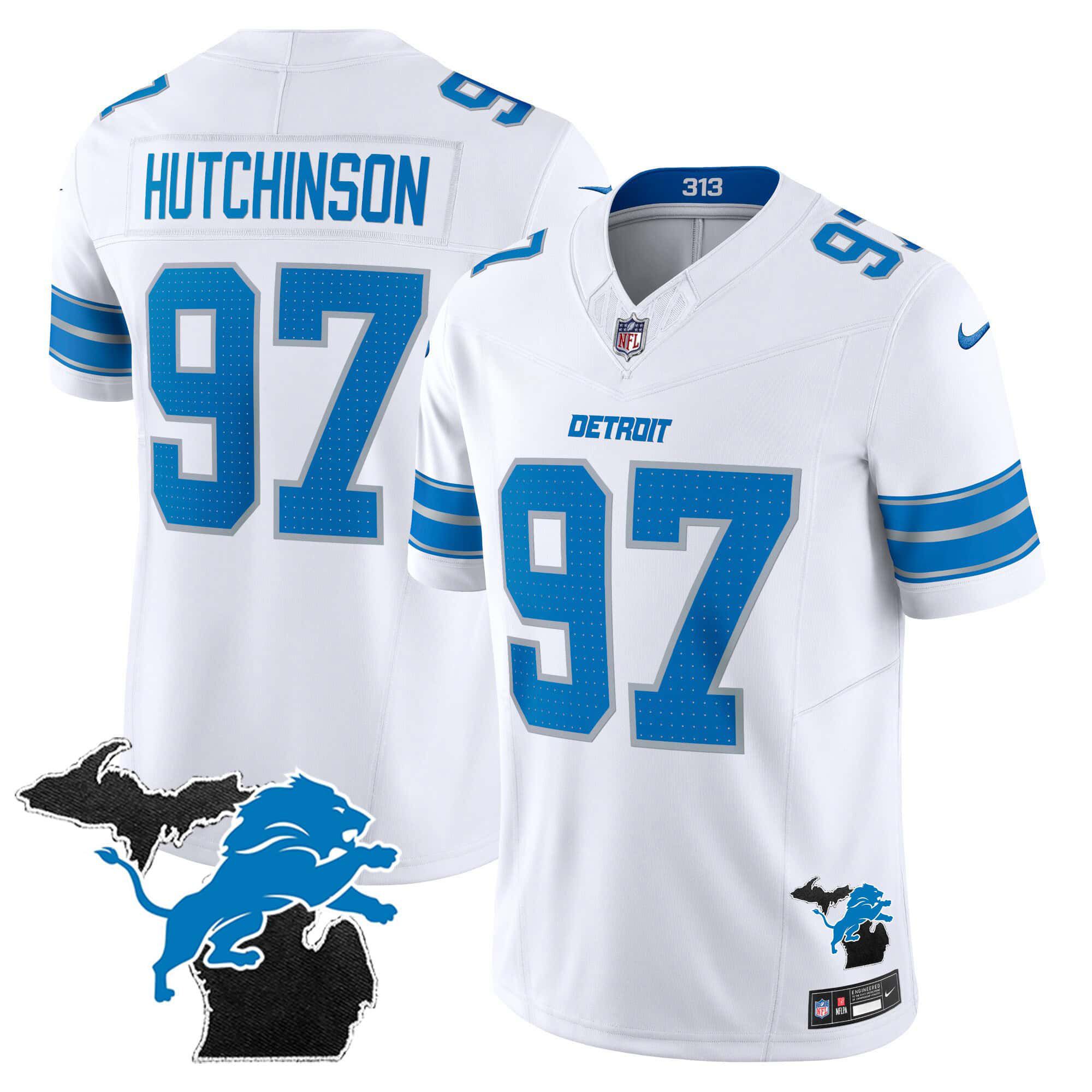 Men Detroit Lions #97 Hutchinson White 2024 Nike Michigan Patch Vapor Limited NFL Jersey